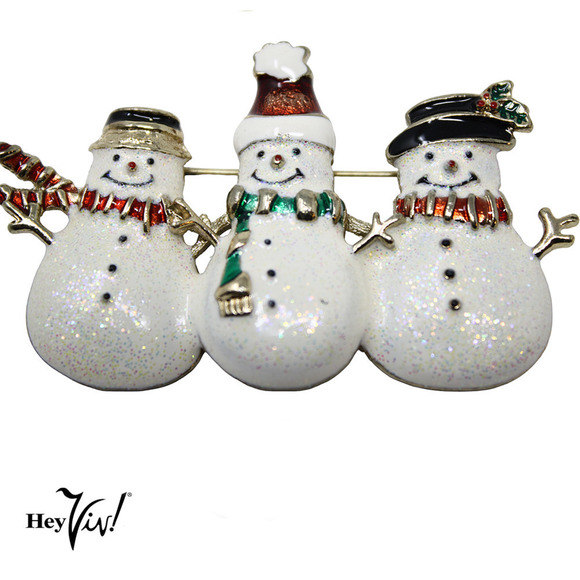 Vintage Holiday Sparkle Enamel Smiling Snowmen Trio Pin Brooch 2.5" - Hey Viv - Picture 5 of 6